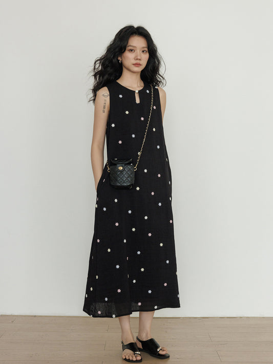 Flower Embroidery Pearl Button Long Dress VAS0203