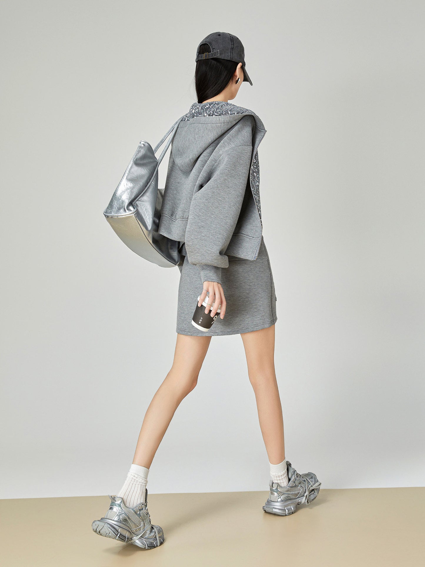 Gray Sequin Hood Jacket / A-Line Half Skirt  FER0039