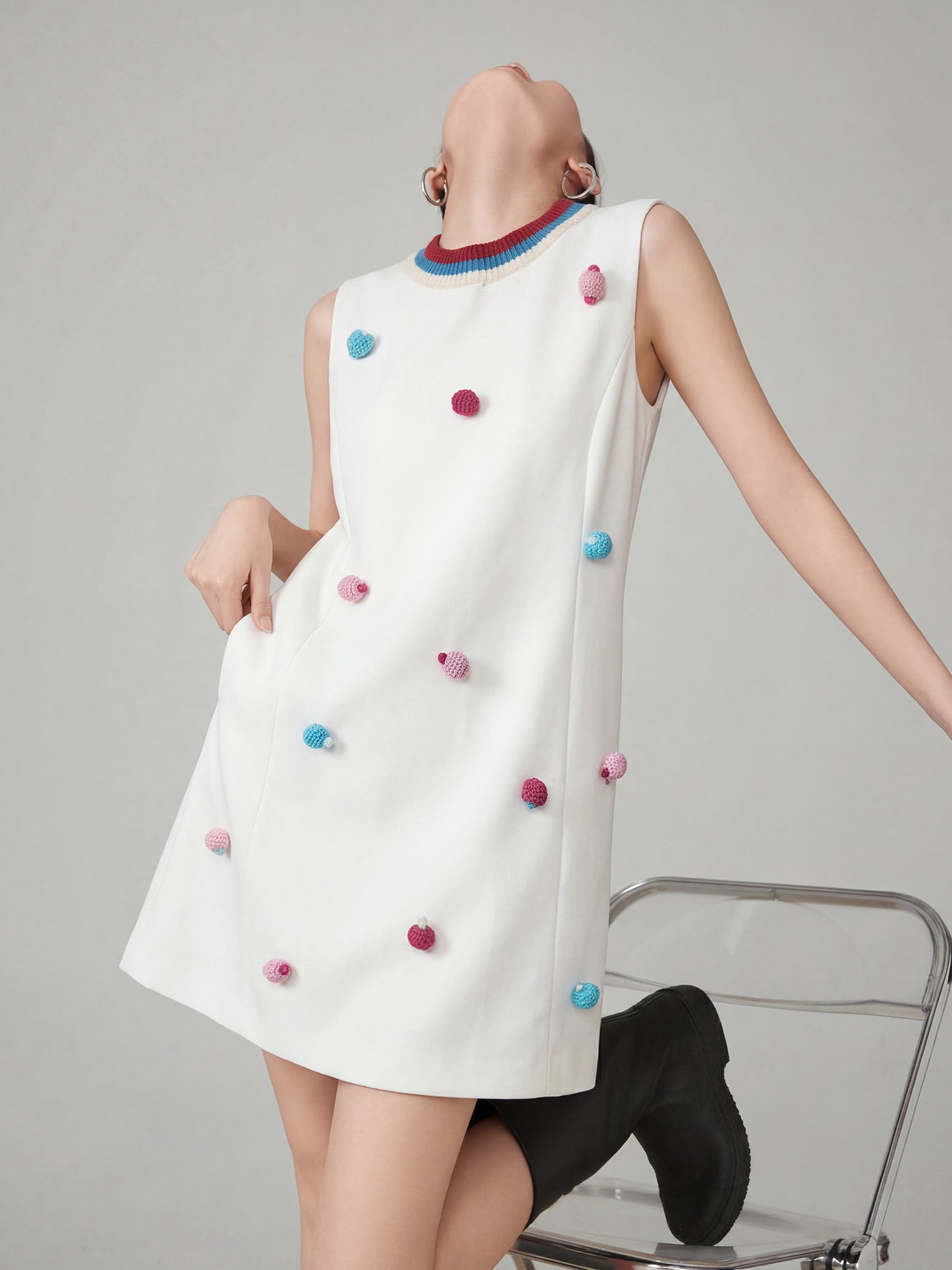 3D Pom-Pom Sleeveless Dress FER0146