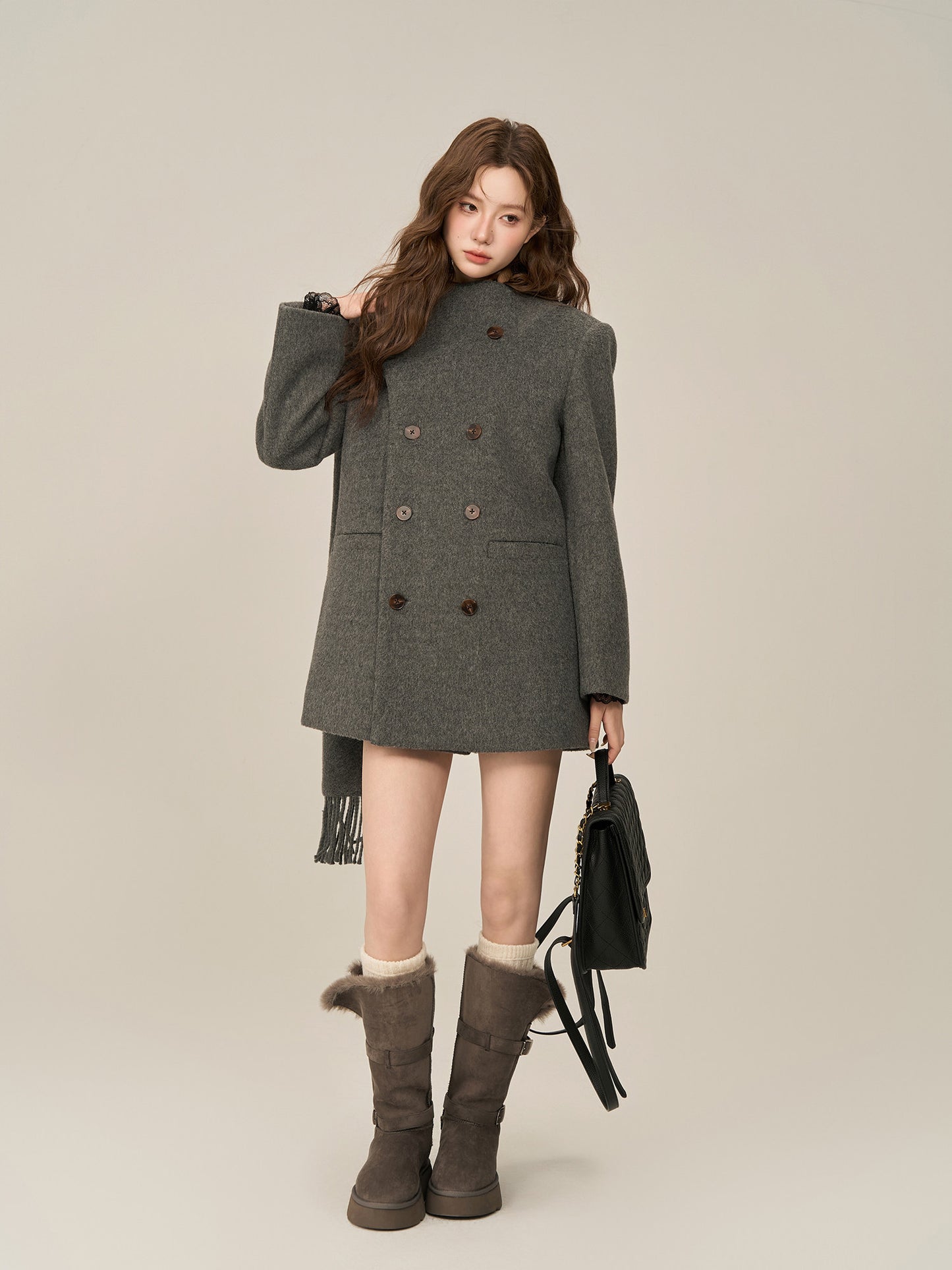 Scarf Collar Double Breasted Wool Coat WDB0003