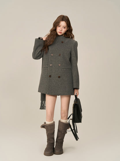 Scarf Collar Double Breasted Wool Coat WDB0003