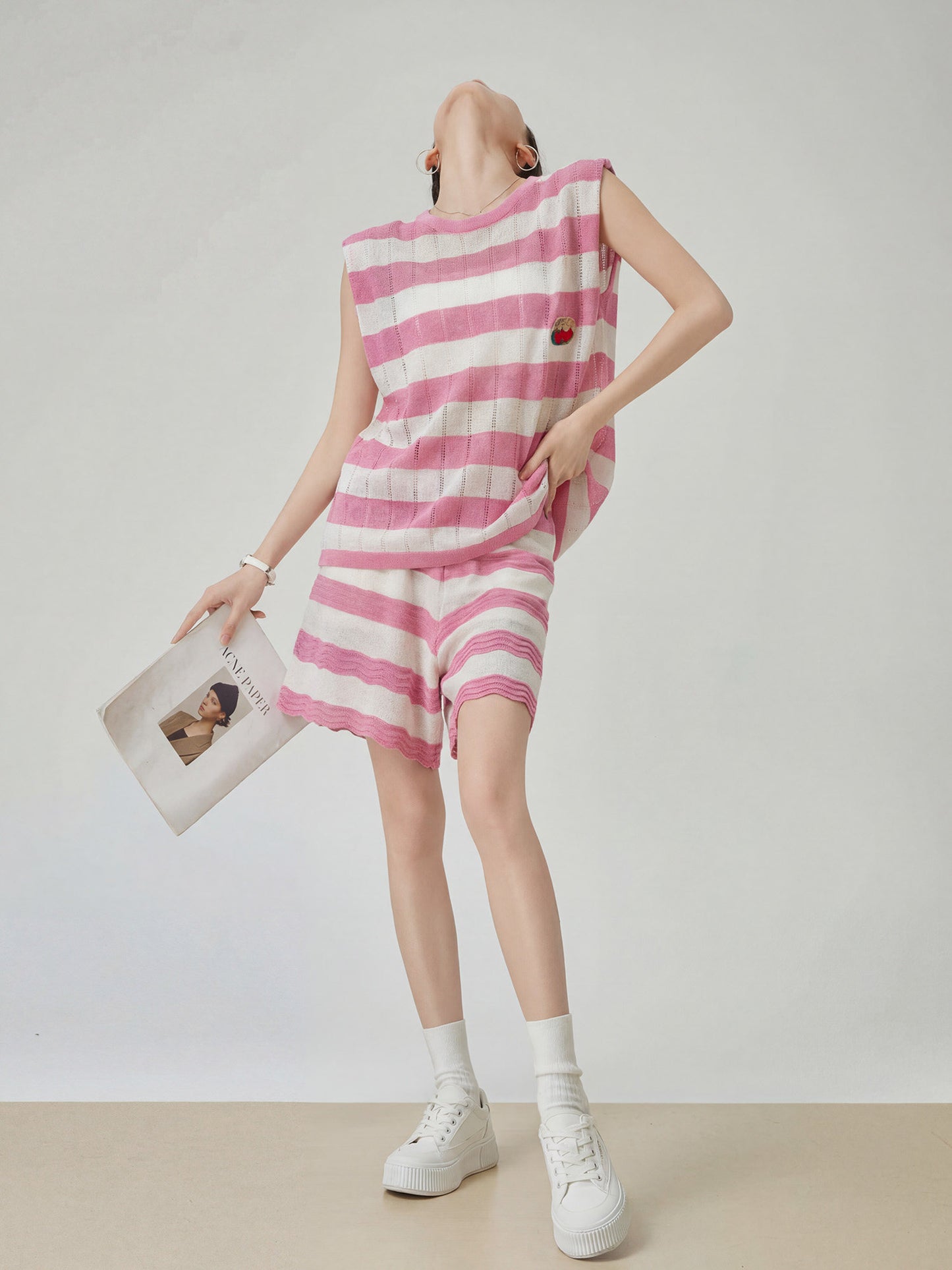 Pink Striped Sleeveless Knit Top / Shorts FER0326