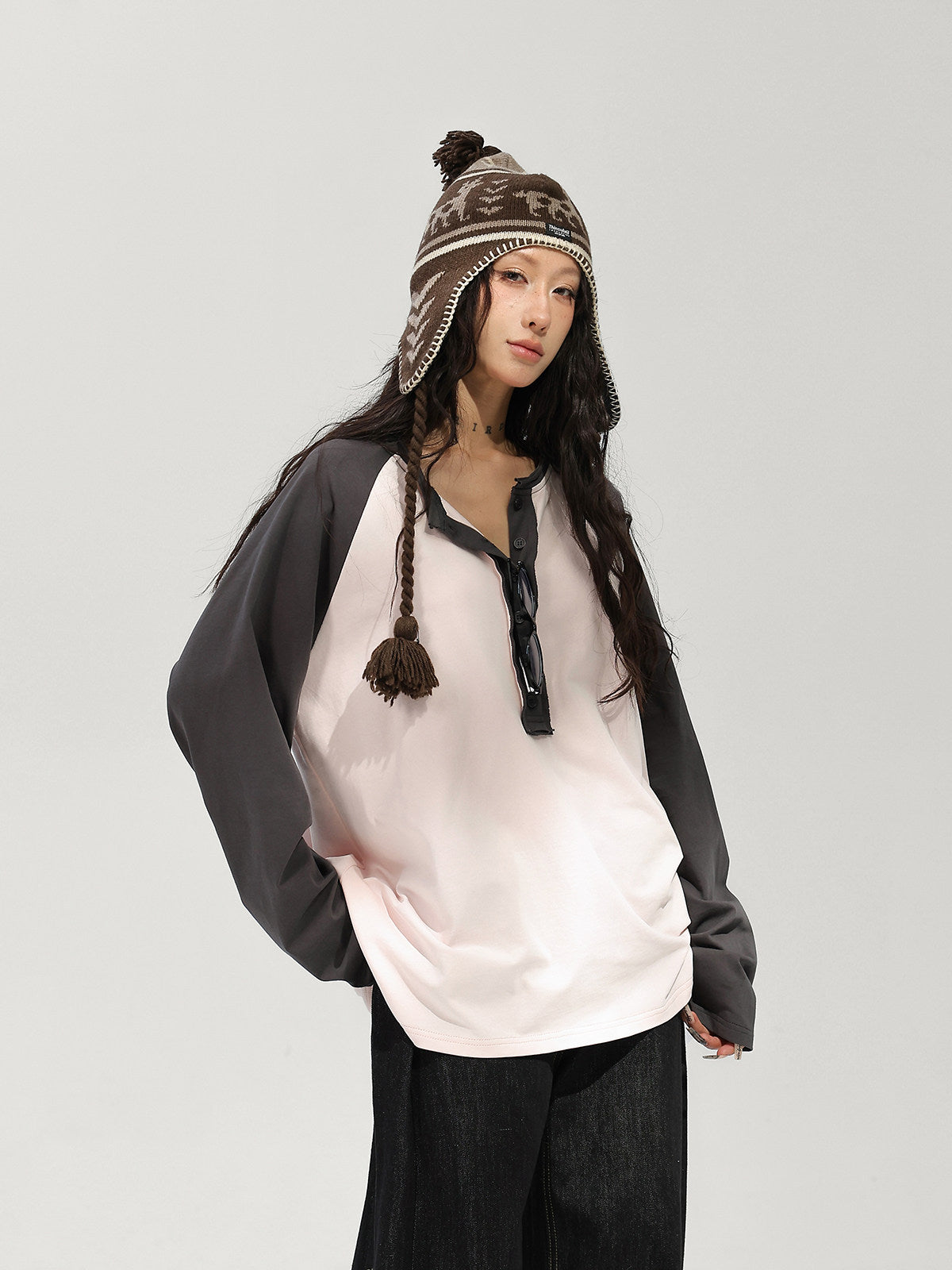 Henley Neck Raglan Sleeve Long-Sleeve T-Shirt ACS0382