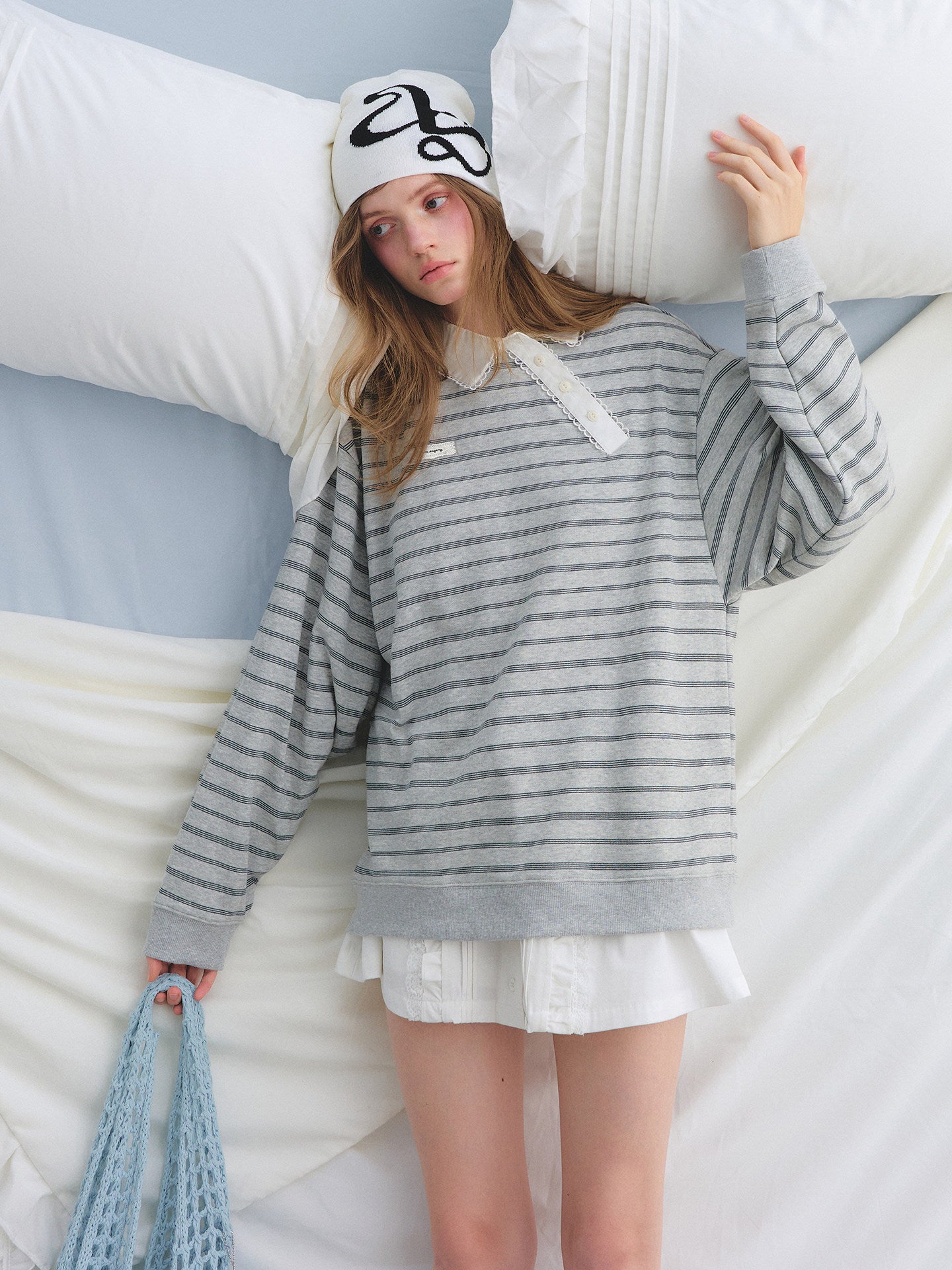 Button Lace Collar Striped Top ASG0085