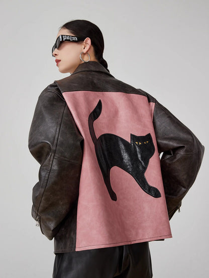 Cat Patch Embroidery Leather Jacket FER0062