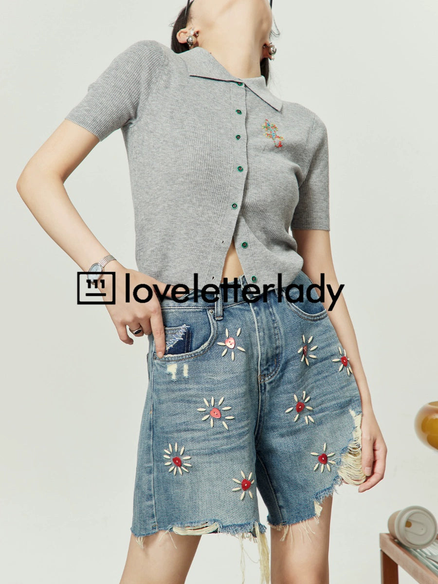 Slim Polo Knit / Flower Embroidery Half Denim Pants LLA0119