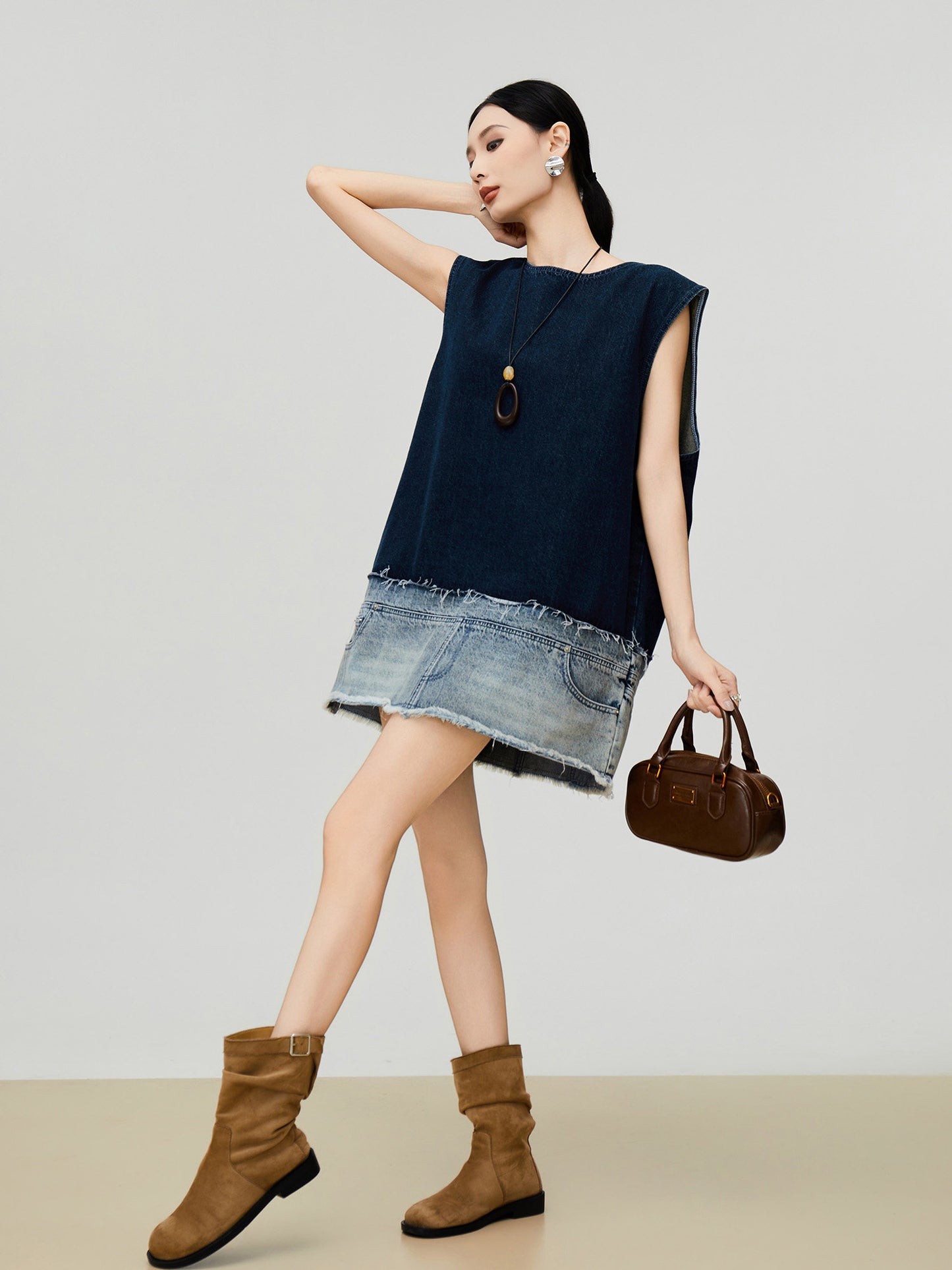 Denim Docking Design Sleeveless Dress FER0354