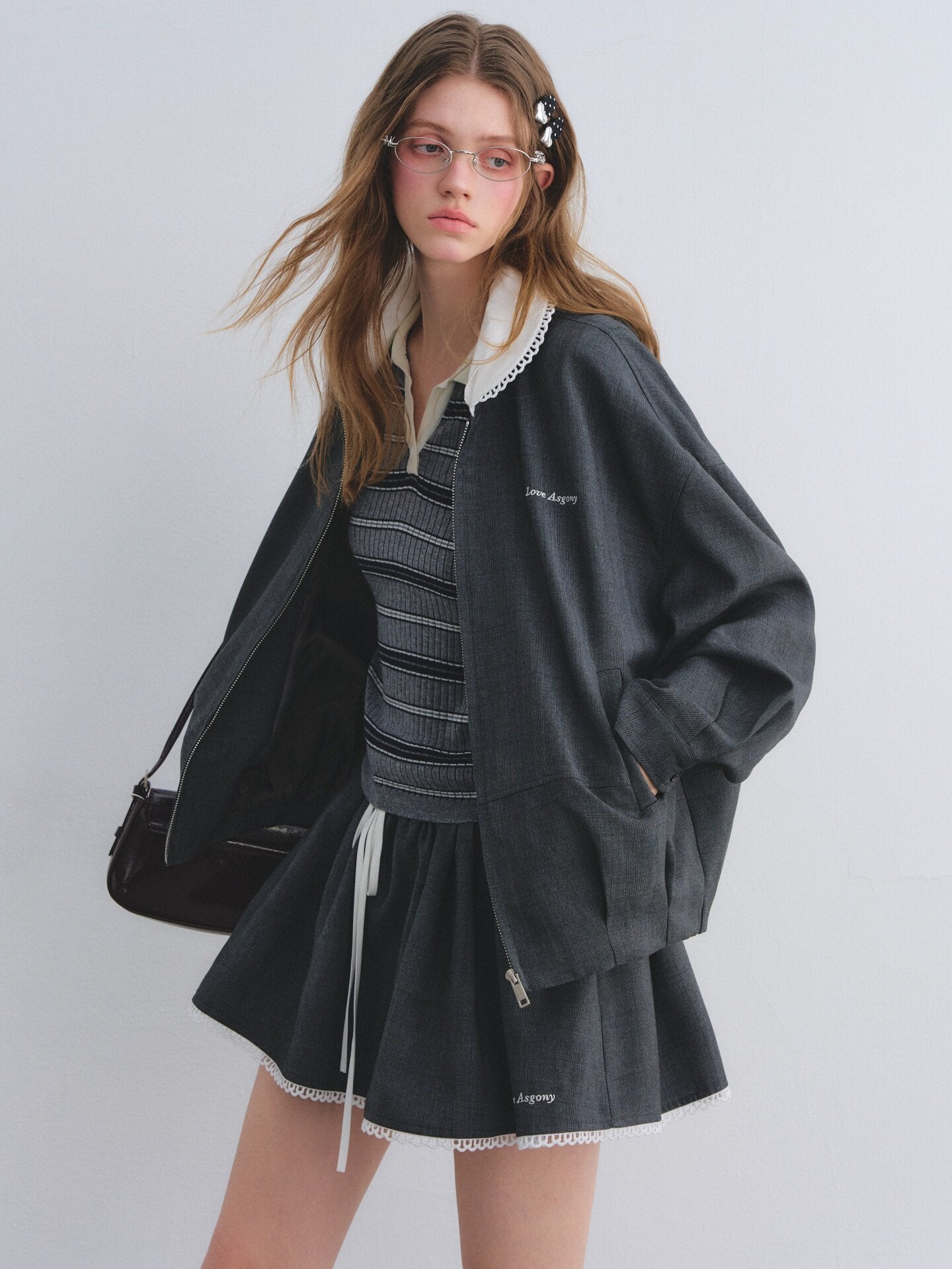 Lace Collar Zip Jacket / Flared Mini Skirt ASG0084