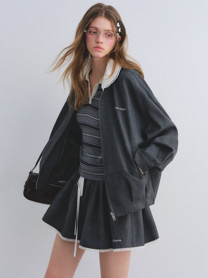 Lace Collar Zip Jacket / Flared Mini Skirt ASG0084