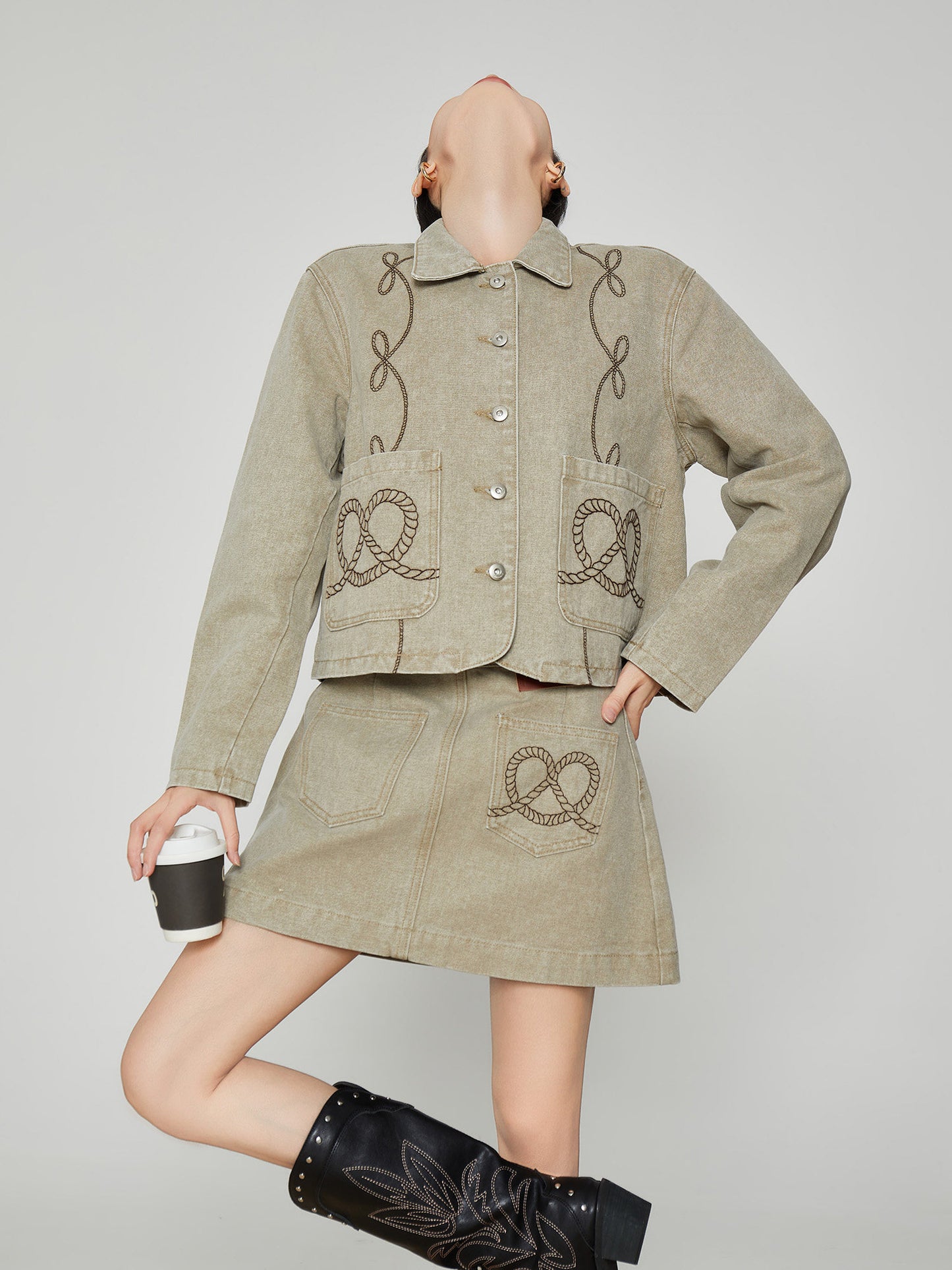 Retro Rope Embroidered Jacket / Mini Skirt FER0391