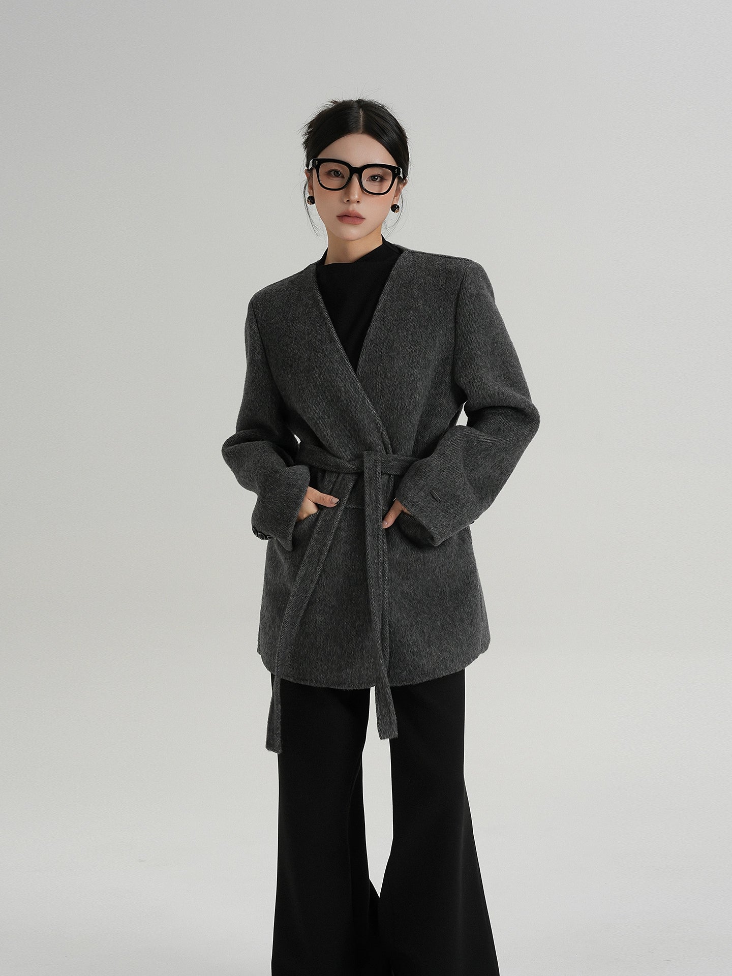 Collarless Wool Coat with Choker SRS0393