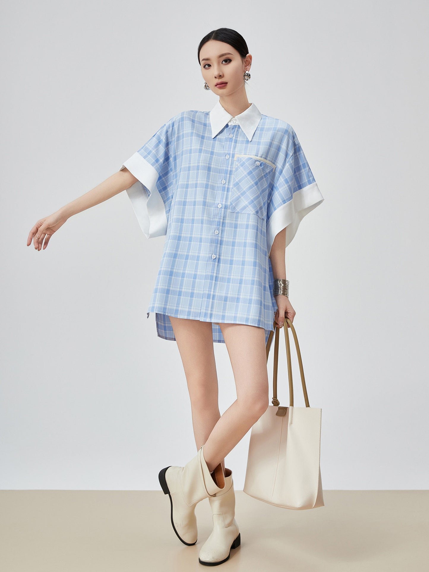 Plaid Patchwork Short-Sleeve Shirt FER0178