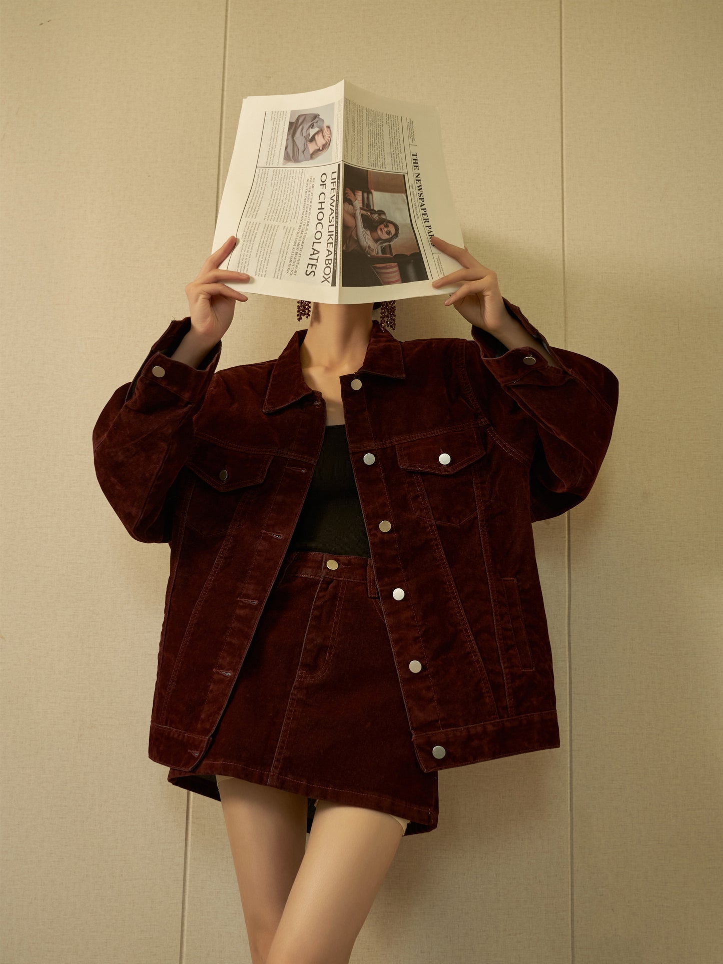 Wine Red Corduroy Jacket / Mini Skirt SUY0030