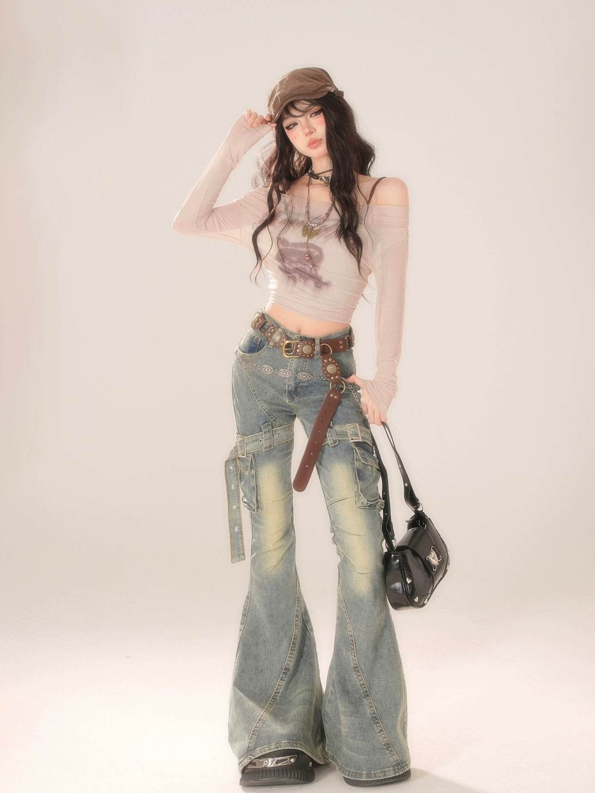 Vintage Belt Flare Denim Pants KLS0007