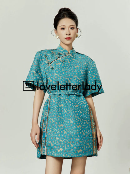 Blue Stand Up Collar Jacquard Dress LLA0048