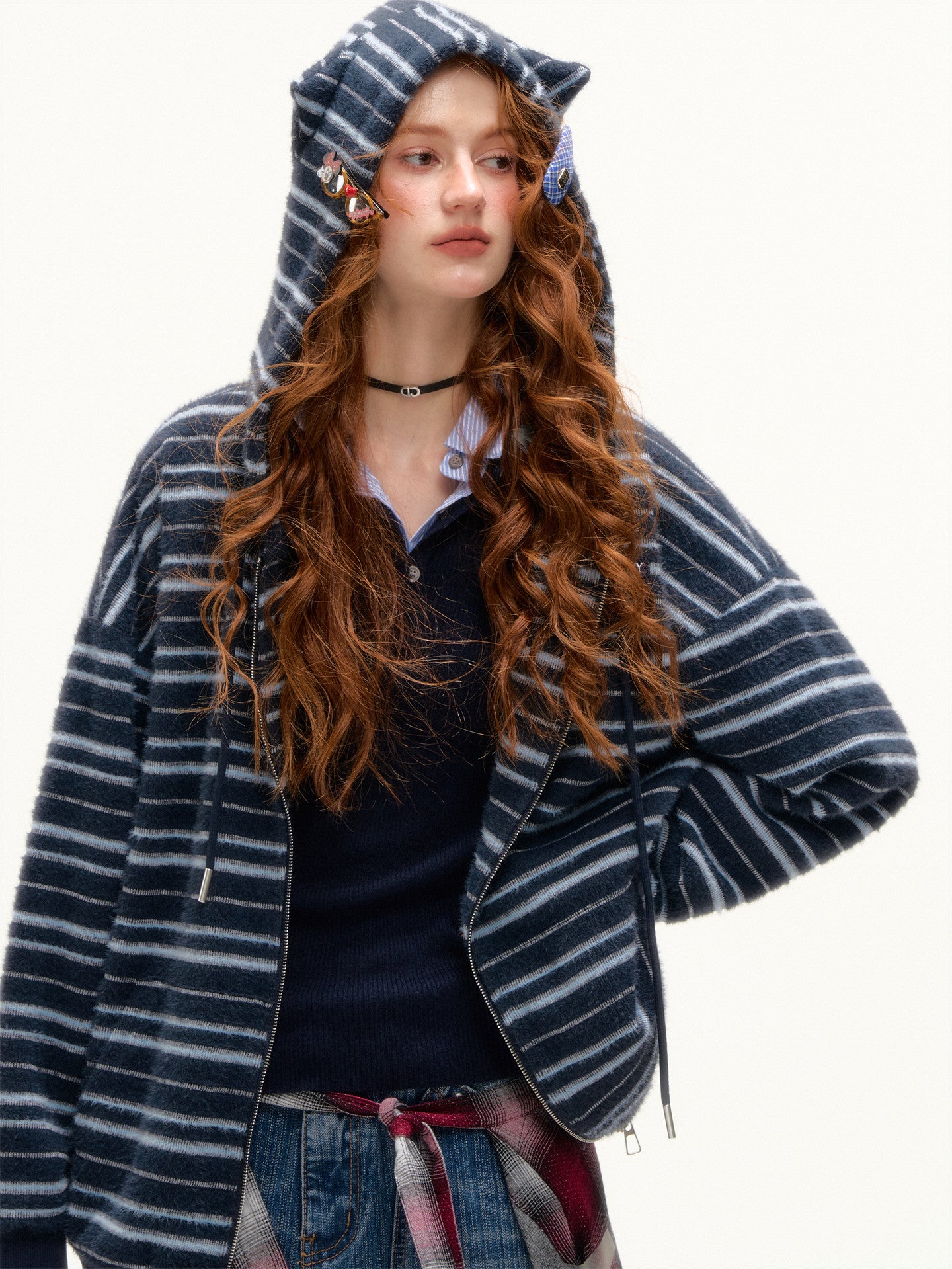 Striped Cat Ear Hoodie / Layered-Style Design Shirt ASG0076