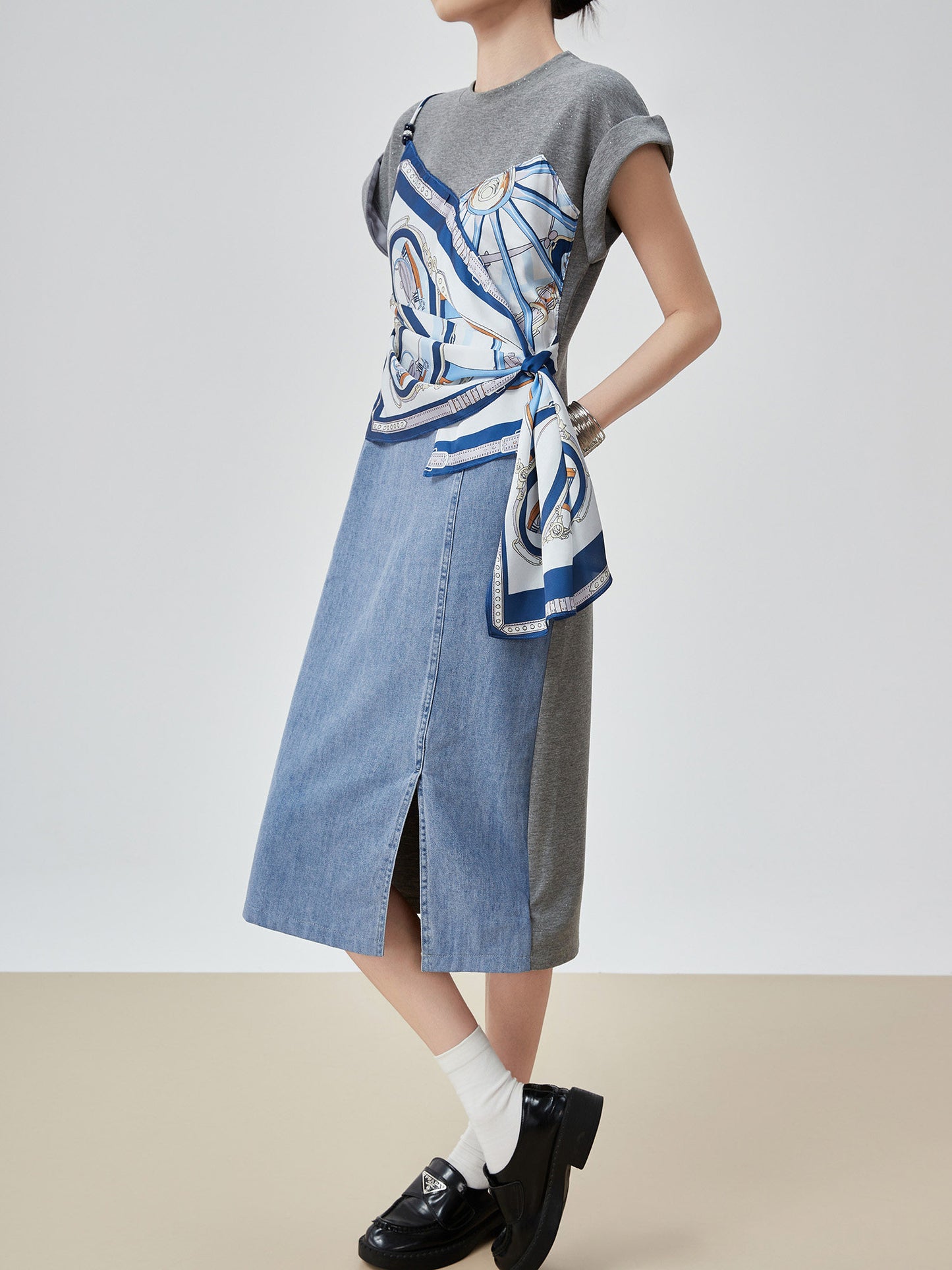 Printed Scarf Layered-Style Dress FER0291