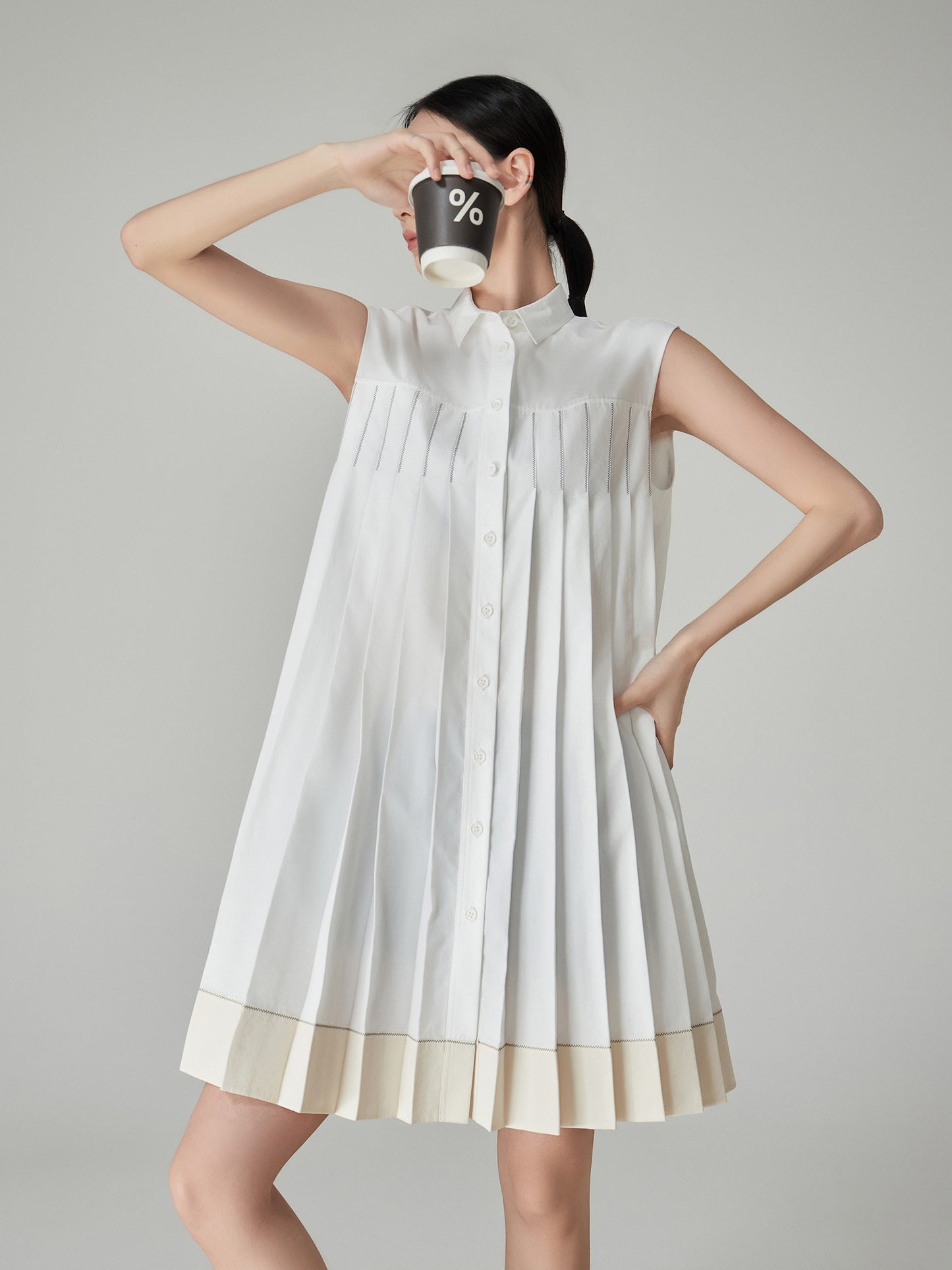 Sleeveless Shirt Pleated Dress FER0174