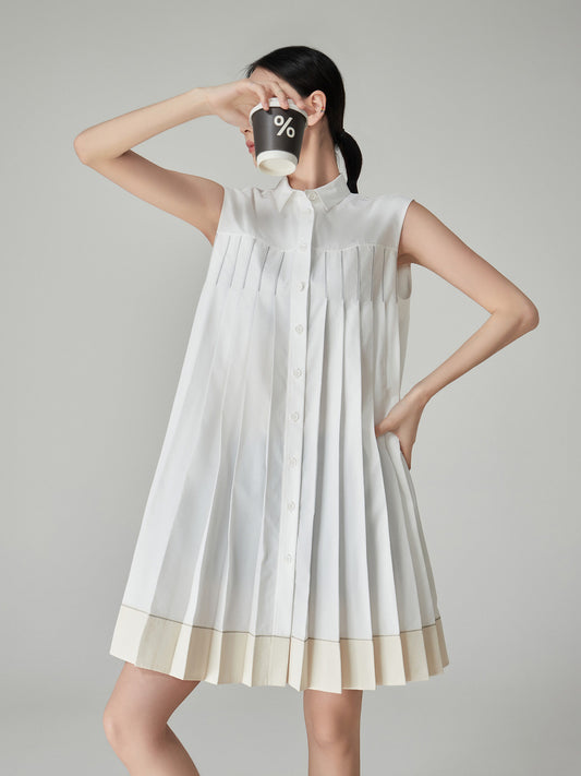 Sleeveless Shirt Pleated Dress FER0174