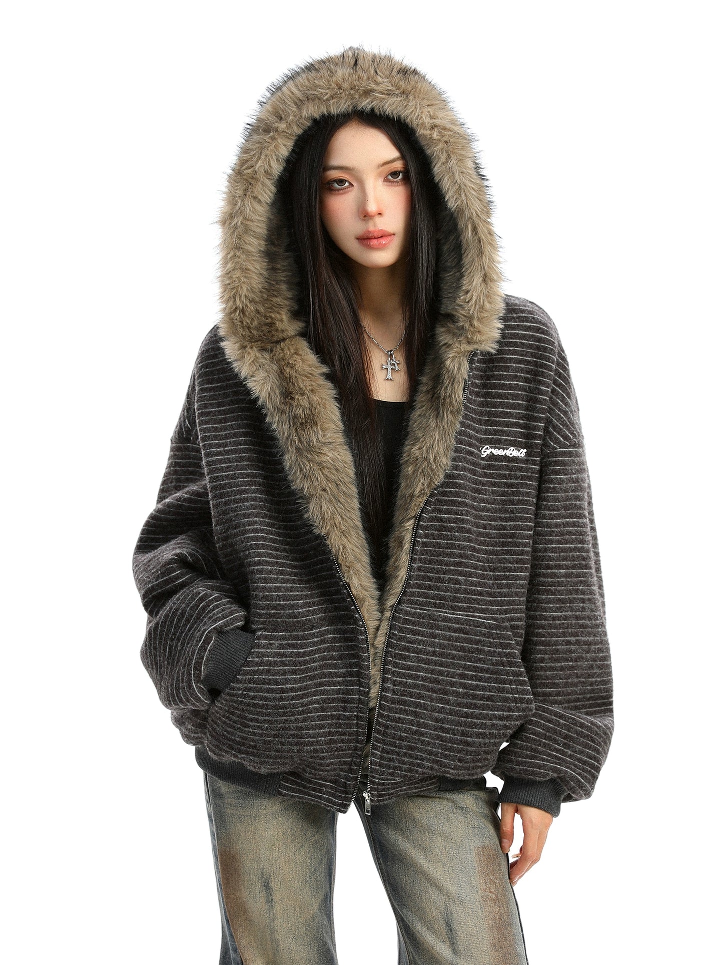 Inner Fur Thin Stripe Zip Hoodie BGS0032