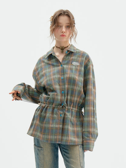 Green Plaid Drawstring Waist Shirt ZZF0360