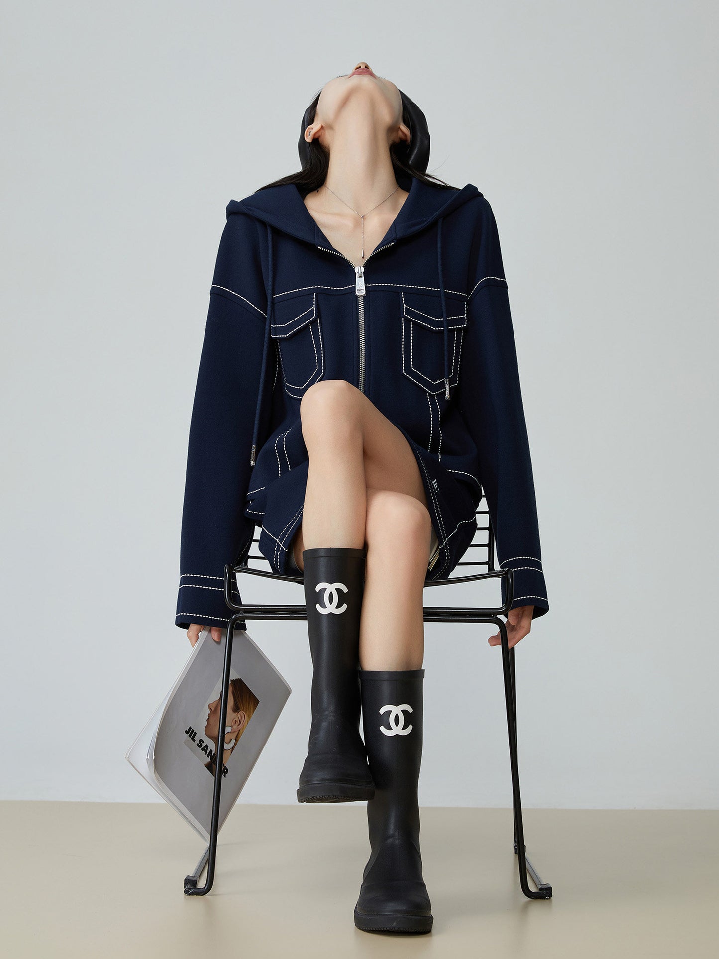 Denim-Style Zip Hoodie / Elastic Waist Mini Skirt FER0051