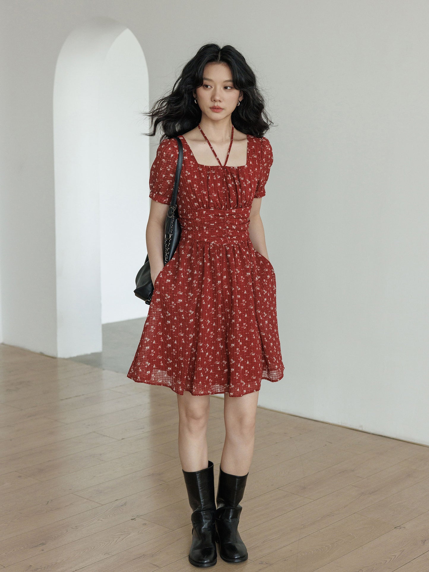 Square Neck Flower Mini Dress VAS0195