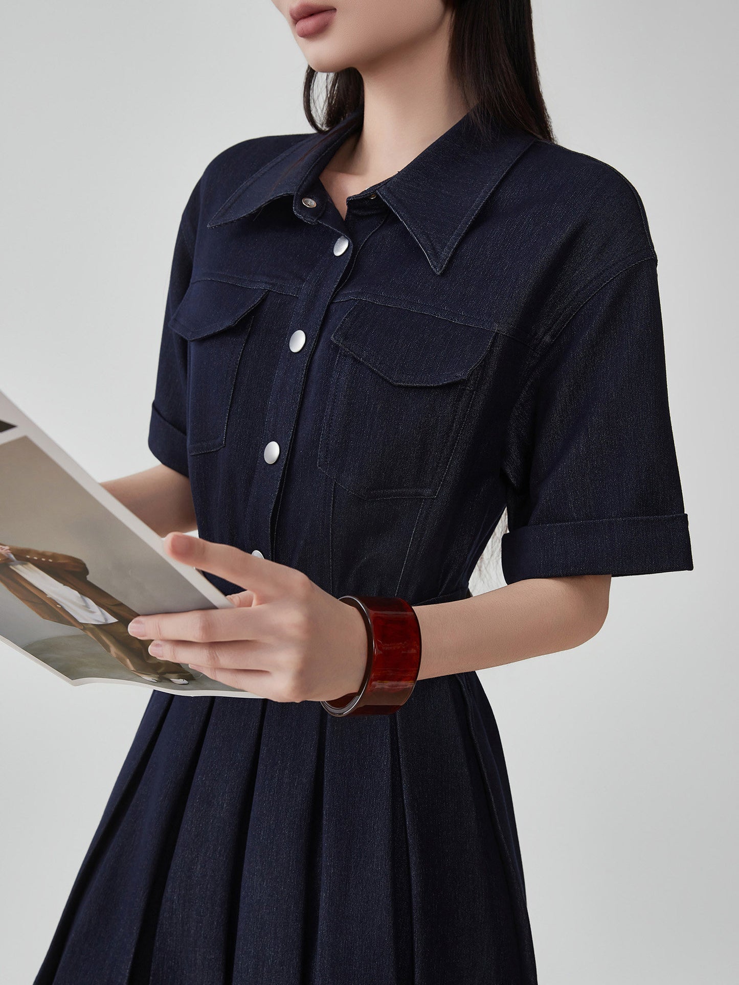 Ruffle Polo Collar Denim Dress FER0105