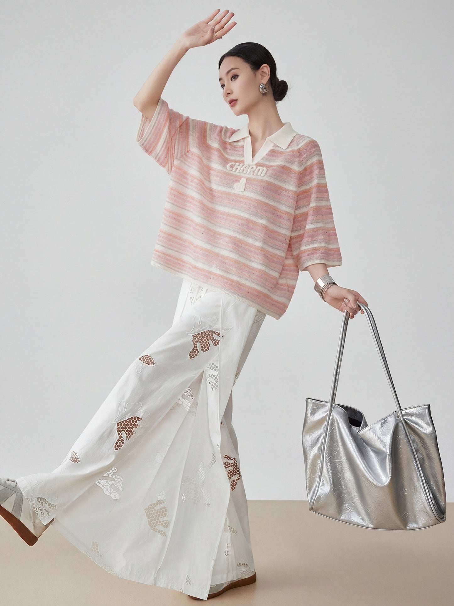 Sheer Border Pattern Polo Sweater FER0351
