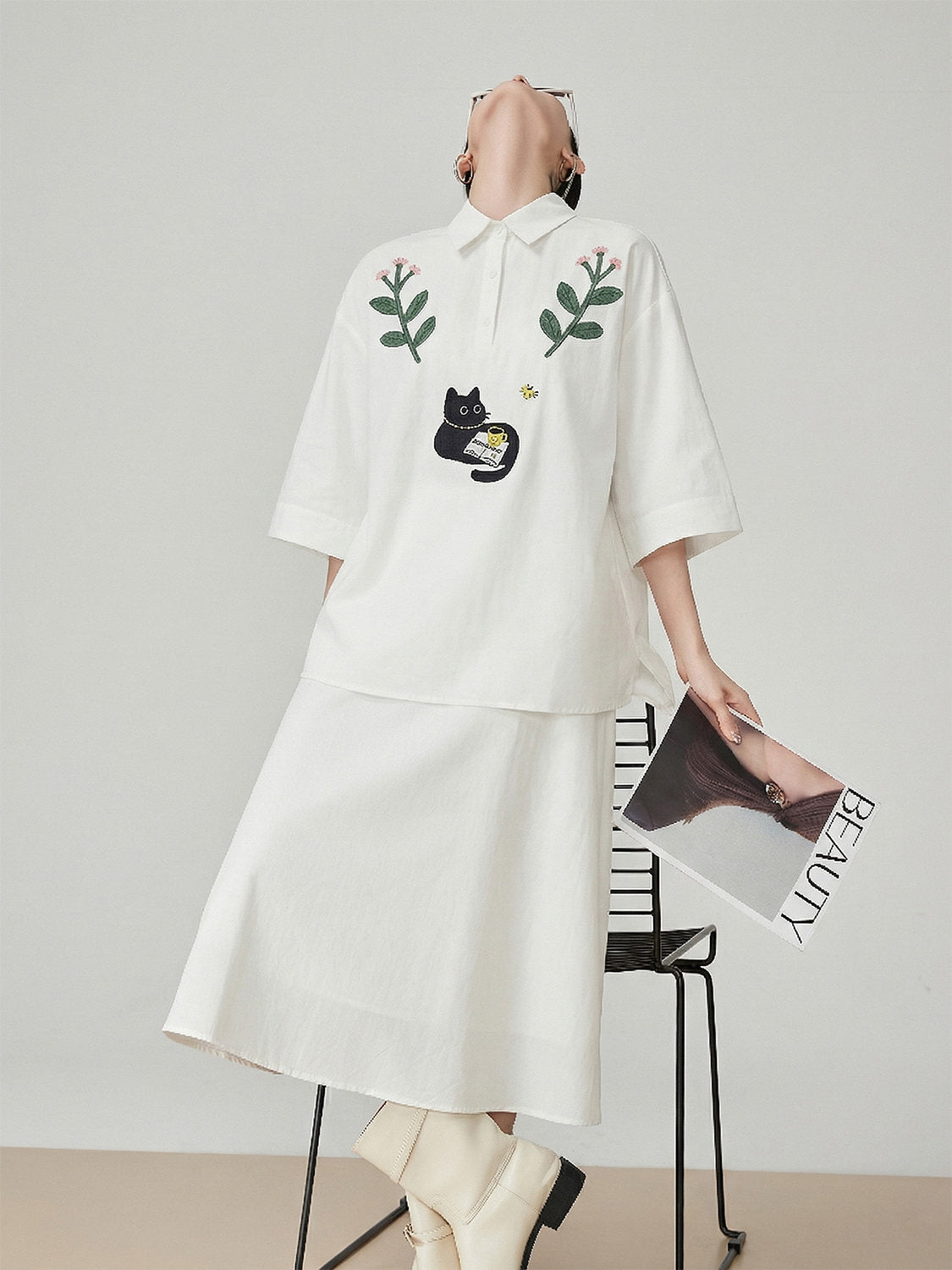 Cat Embroidered Short-Sleeve Shirt / White Long Skirt FER0211