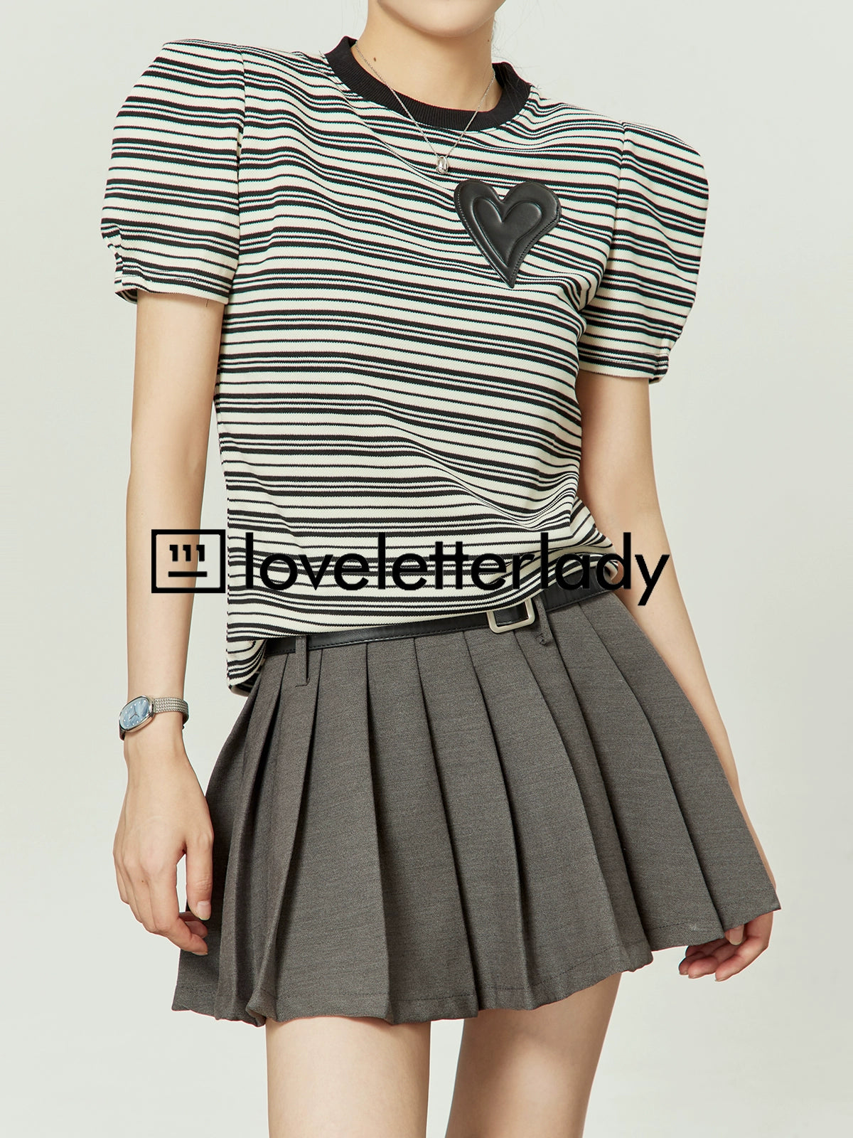 Puff Sleeve Striped Tops / Pleated Skirts LLA0244