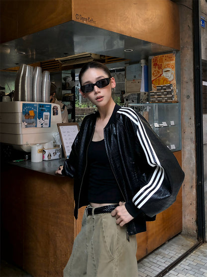 Striped Biker Leather Jacket  WWP0011