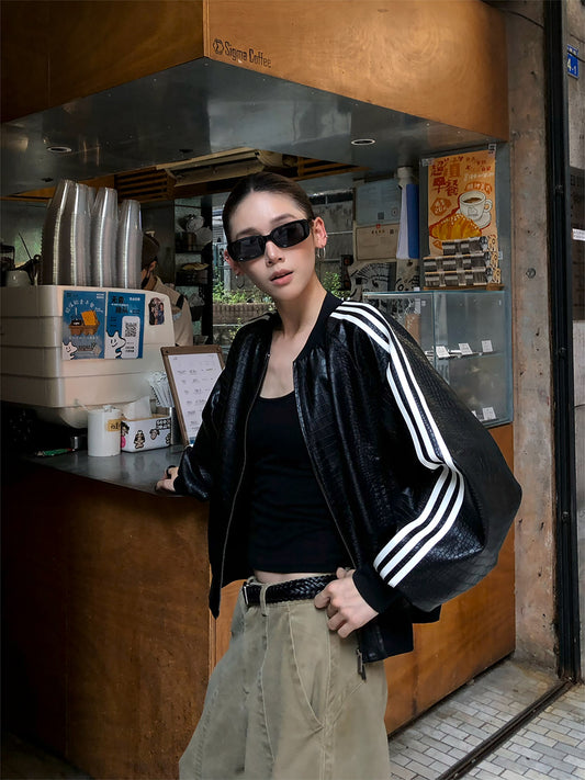 Striped Biker Leather Jacket  WWP0011
