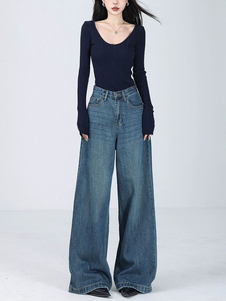 Denim Semi Flared Wide Pants / Long Sleeve Top ABW0003