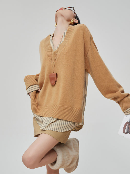 V-Neck Long Sleeve Knit Docking Shirt FER0037