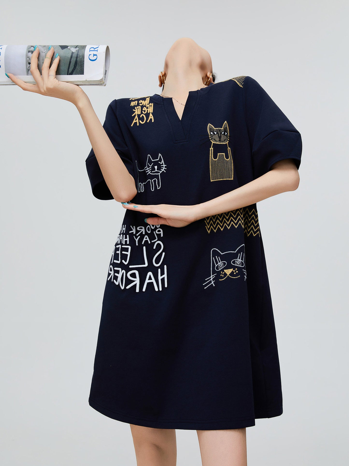 Cat Embroidery Key Neck Dress FER0221
