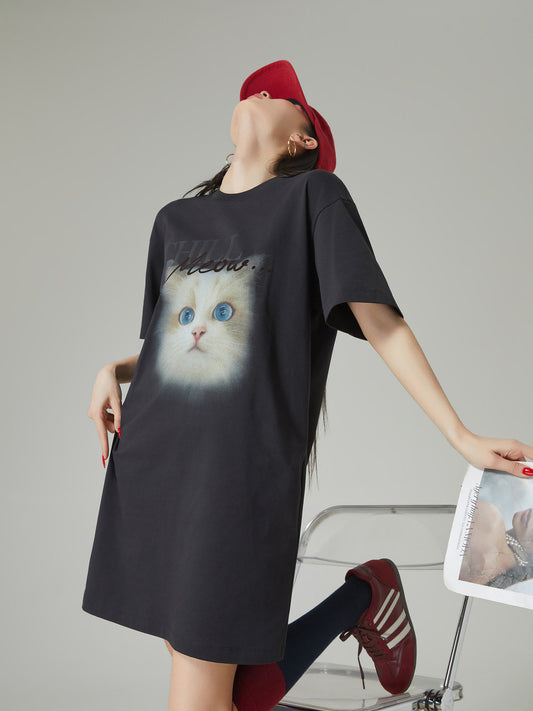 Cat Print T-Shirt Dress FER0284