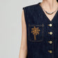 Palm Tree Embroidered Denim Vest / Wide Pants FER0303