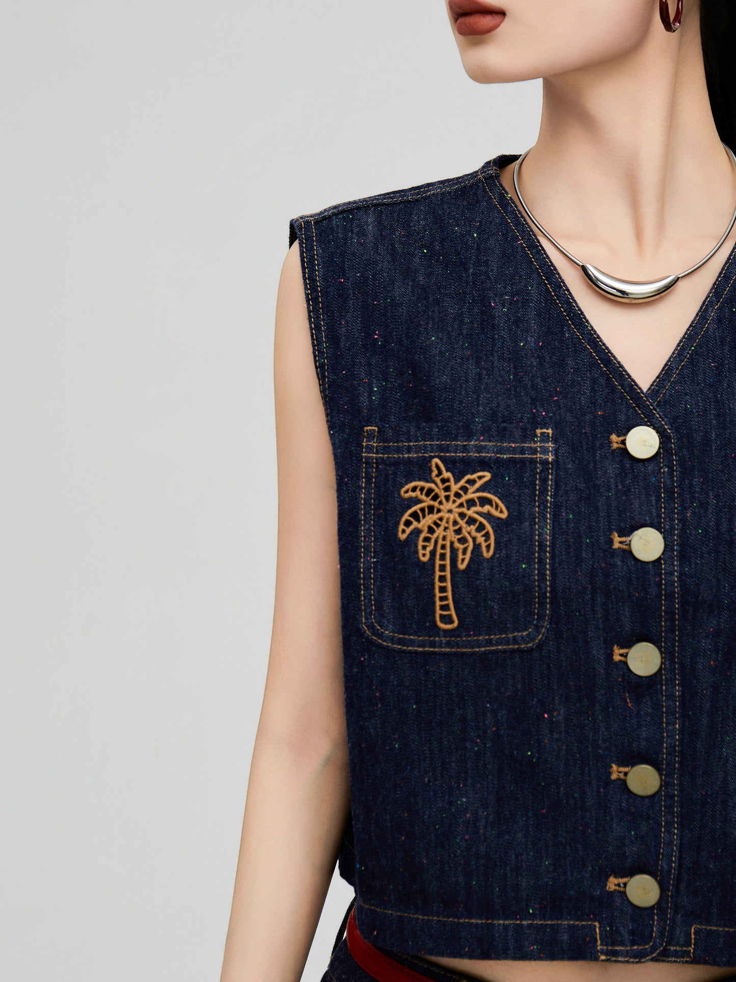 Palm Tree Embroidered Denim Vest / Wide Pants FER0303