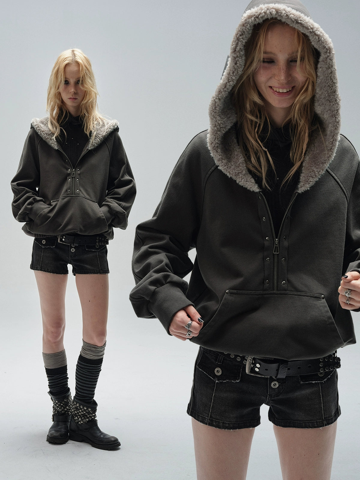 Half Zip Fur Hood Hoodie WAT0020