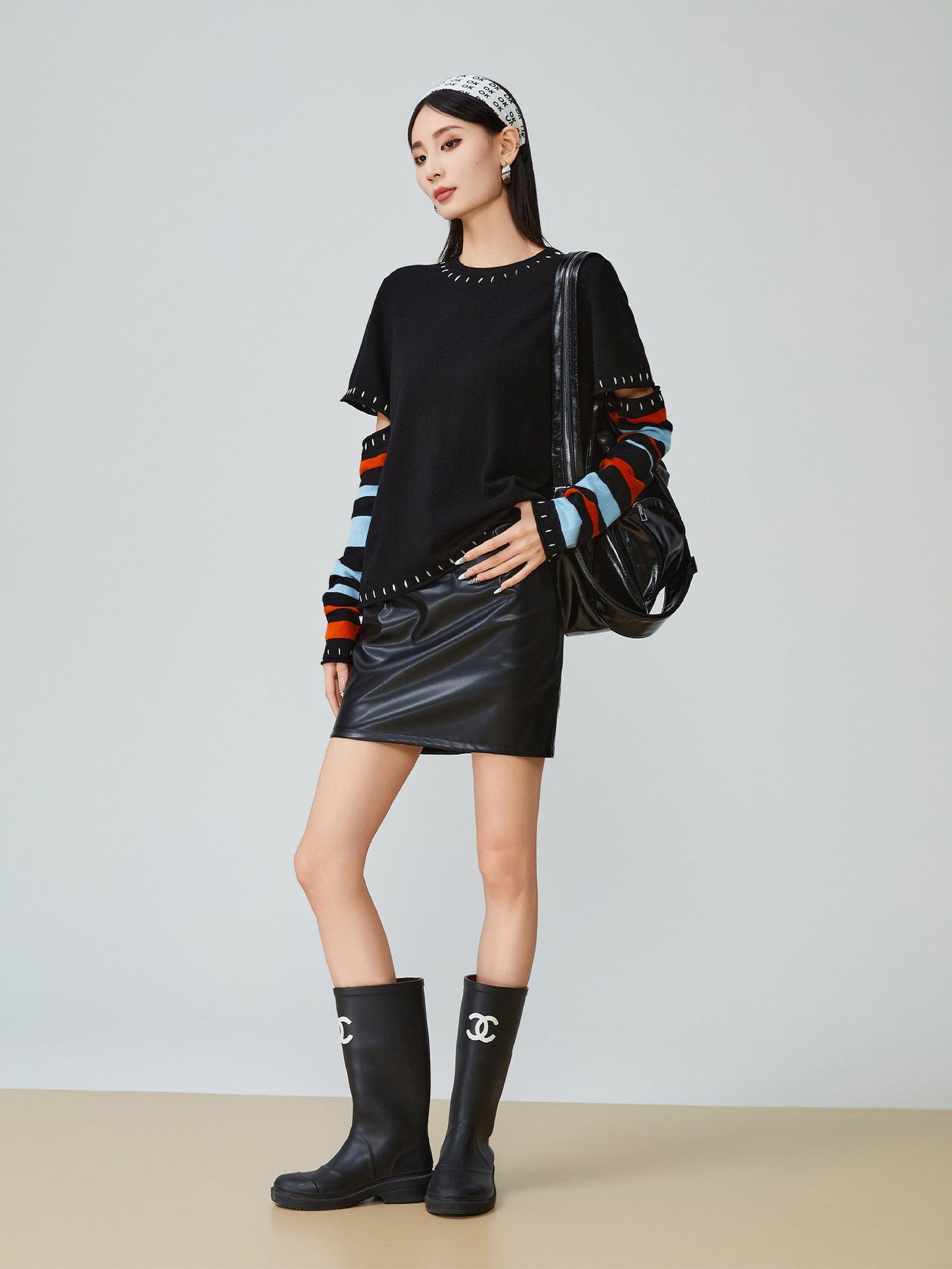Black Striped Patchwork Knit FER0033