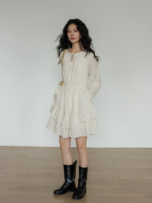 Round Neck Linen Long Sleeve Dress VAS0152