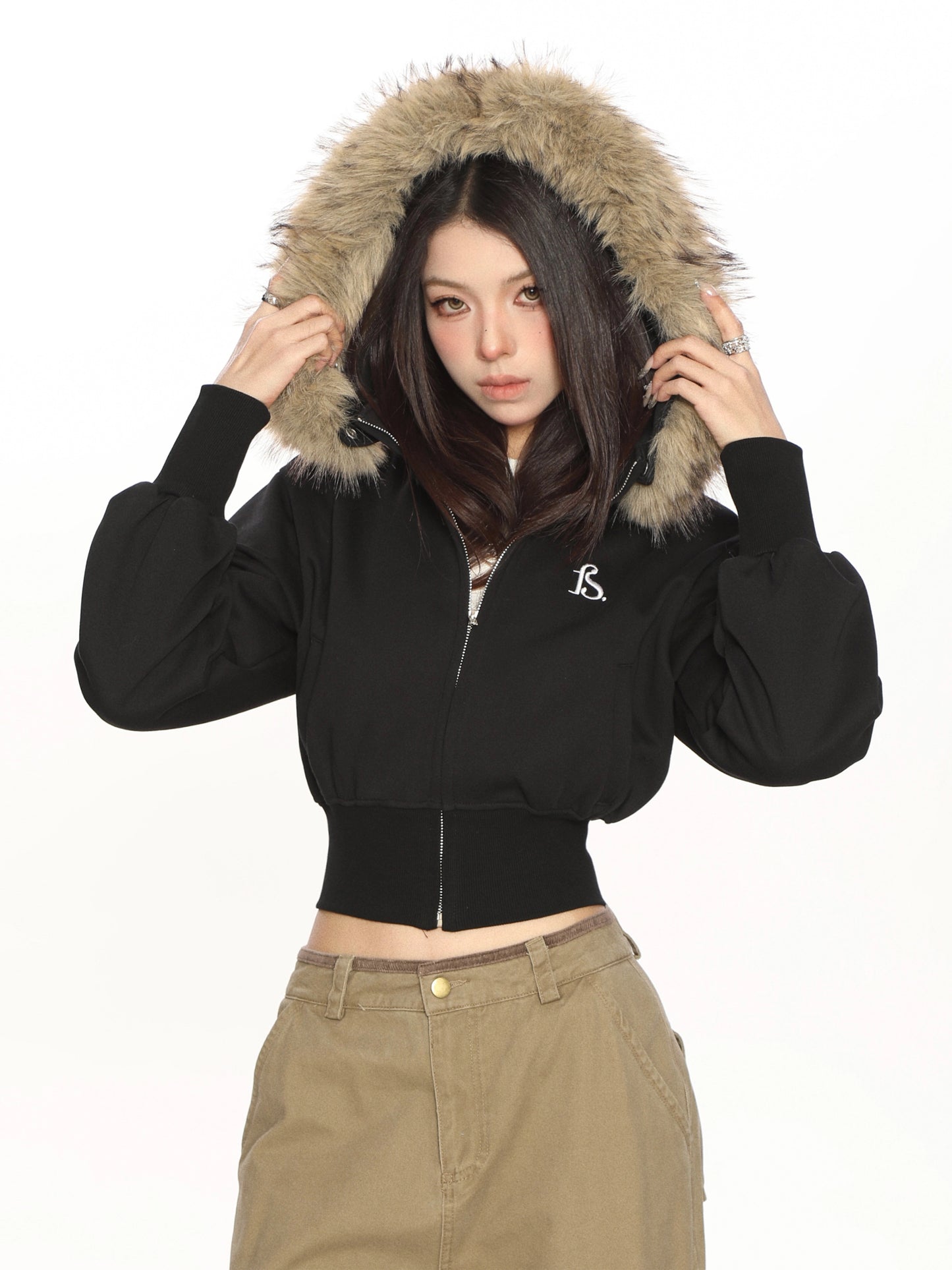 Fur Cropped Zip Up Hoodie BGS0013
