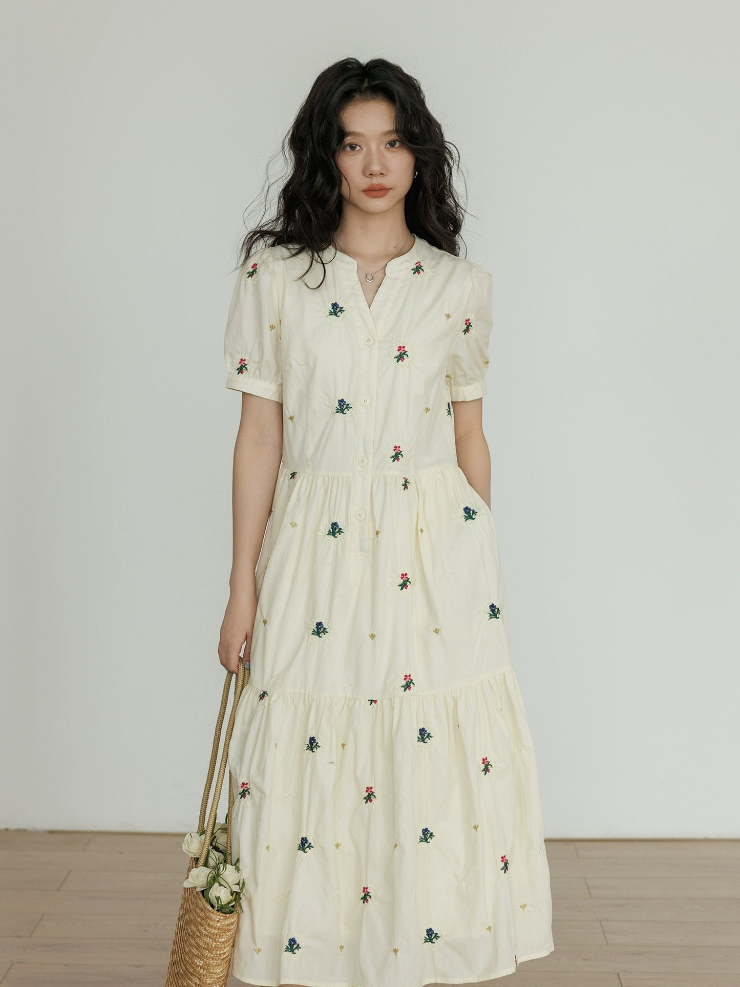 Apricot Flower Embroidery Tiered Long Dress VAS0022