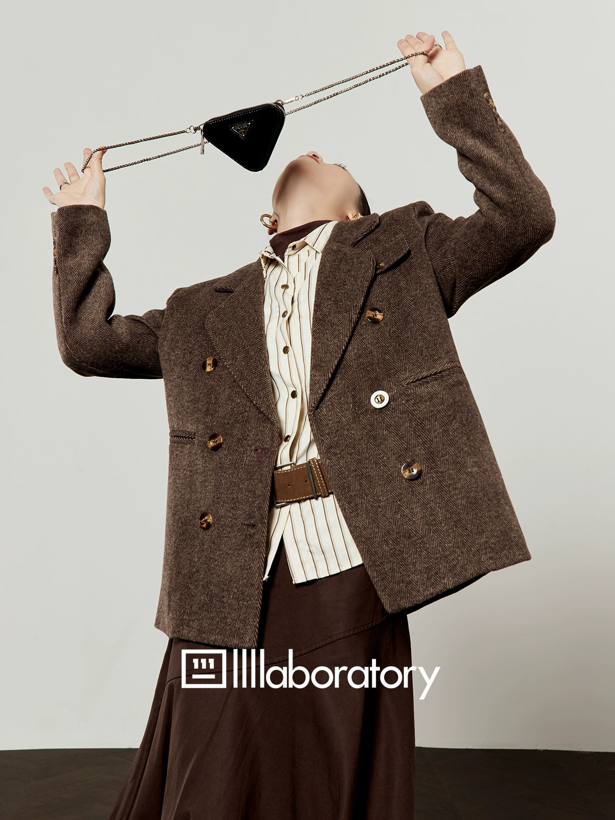 Retro Autumn Jacket/Striped Shirt/Brown Asymmetrical Skirt LLA0542