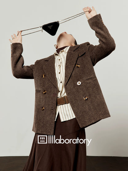 Retro Autumn Jacket/Striped Shirt/Brown Asymmetrical Skirt LLA0542