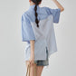 Blue Striped Patchwork Short-Sleeve Shirt FER0183