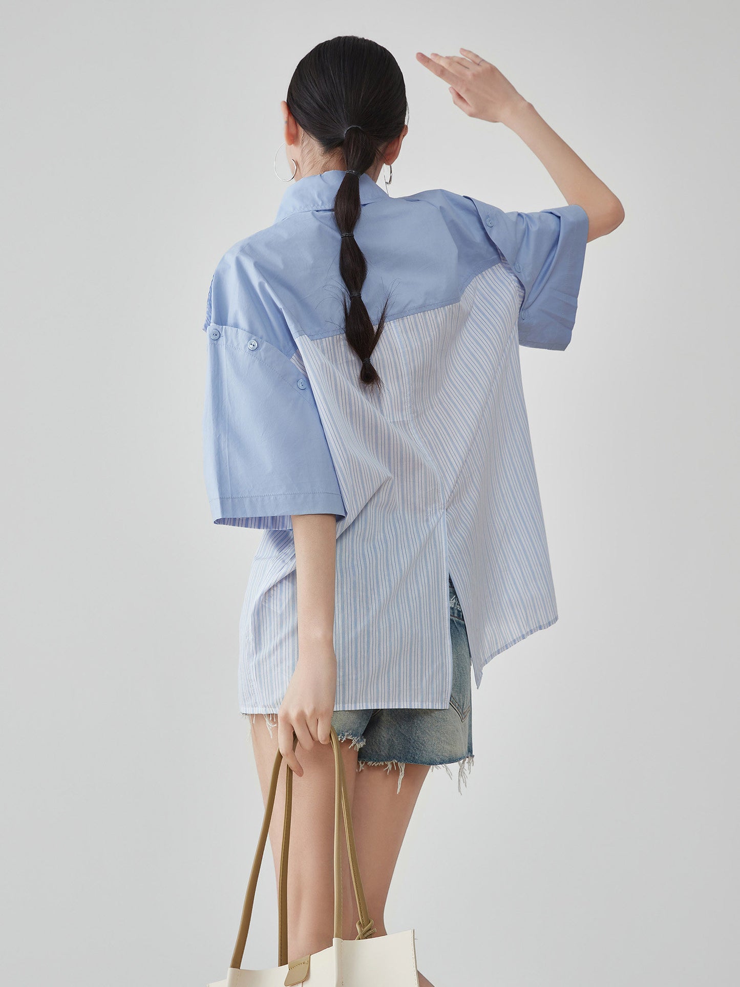 Blue Striped Patchwork Short-Sleeve Shirt FER0183