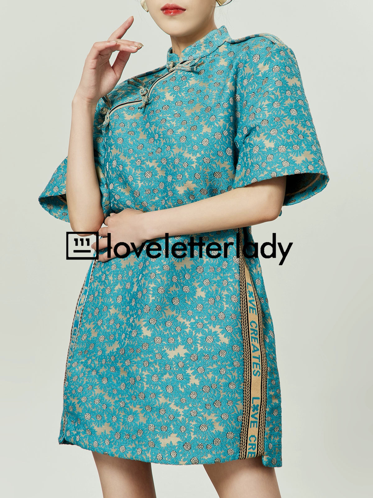 Blue Stand Up Collar Jacquard Dress LLA0048