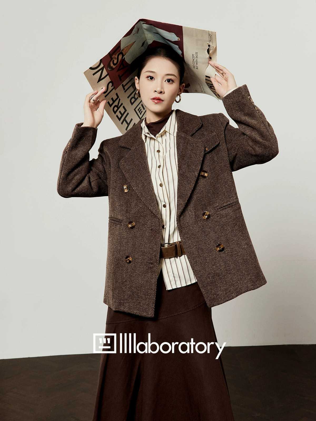 Retro Autumn Jacket/Striped Shirt/Brown Asymmetrical Skirt LLA0542